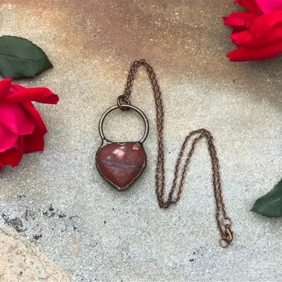 Pretty Handmade Heart Shape Brecciated Jasper & Antiqued Copper Rustic Necklace - Picture 1 of 4